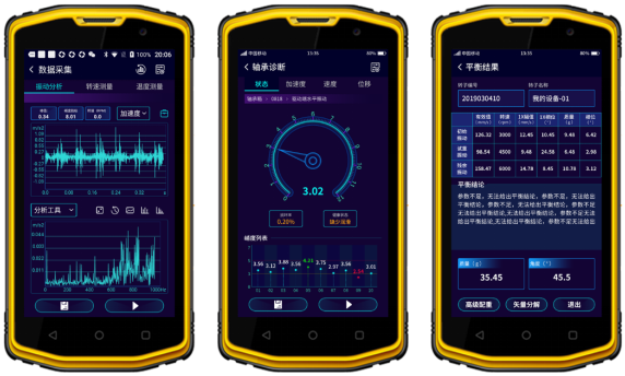 圖. 4 智能振動(dòng)分析（左）、智能軸承診斷（中）、轉(zhuǎn)子動(dòng)平衡（右）